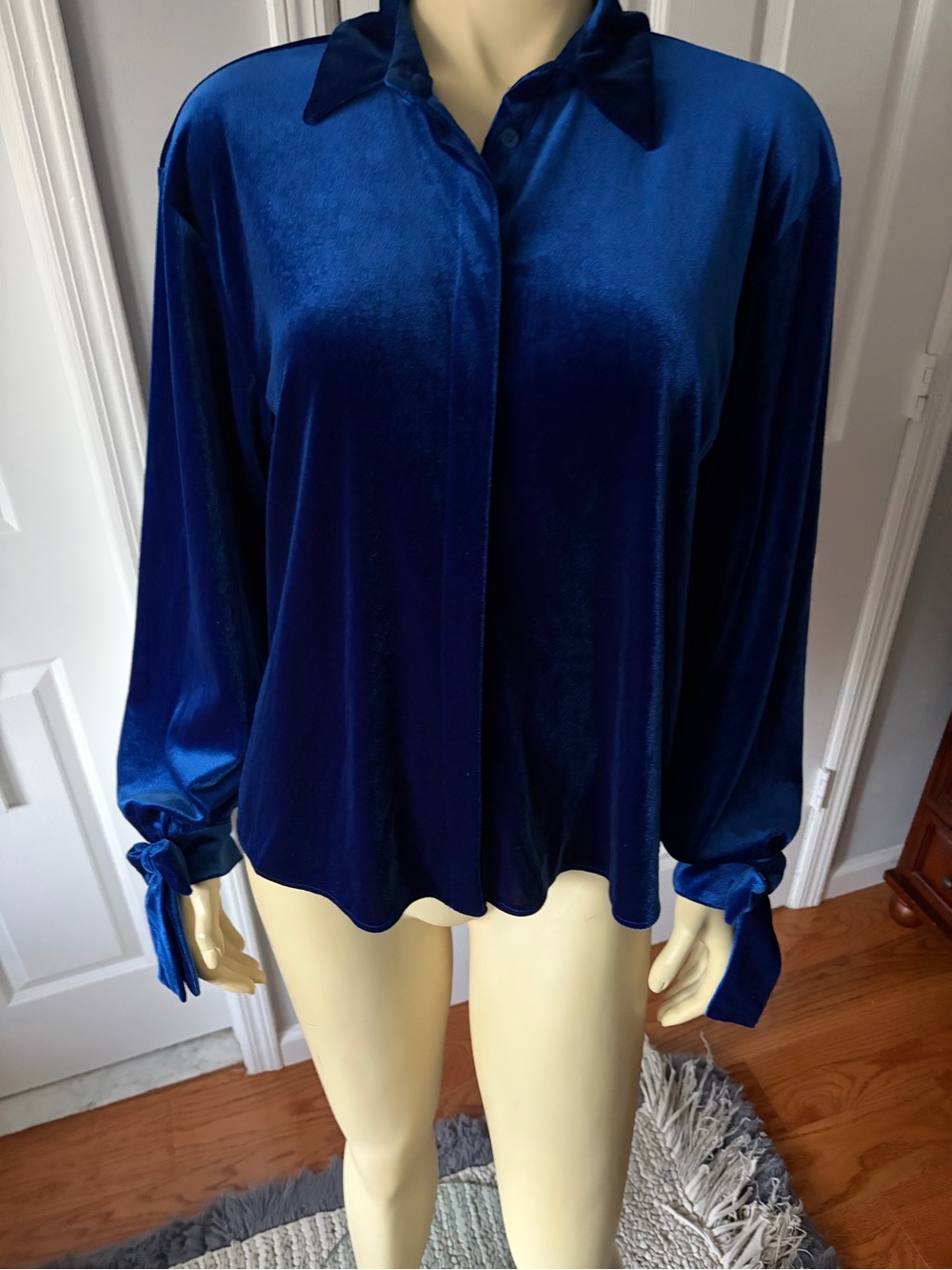 Zara Blue Velvet Long-Sleeve Tie Cuff Blouse/ Size Small